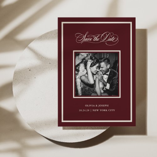 Modern Frame | Burgundy with Calligraphy and Photo Save The Date