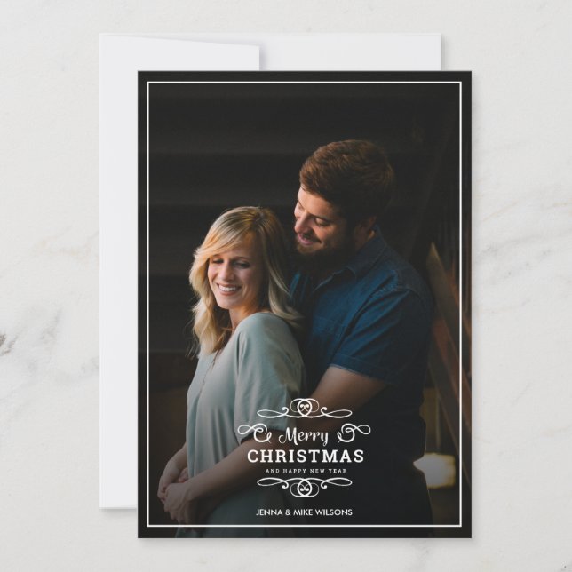 Modern frame Christmas + New Year Typography Photo Holiday Card (Front)