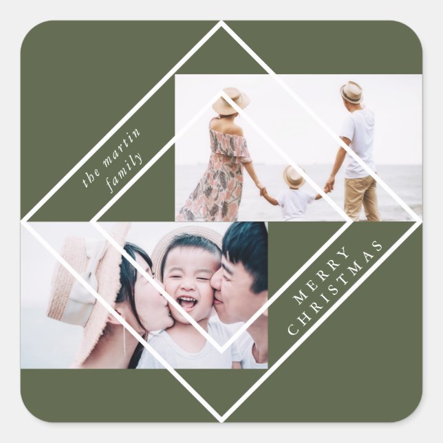Modern Frame Green Two Photo Christmas Holiday Square Sticker (Front)