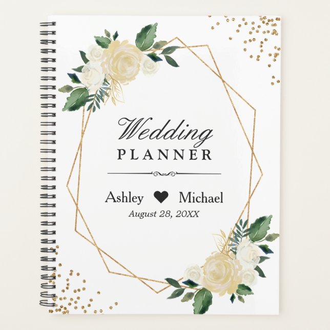 Modern Frame Greenery Ivory Gold Floral Wedding Planner (Front)