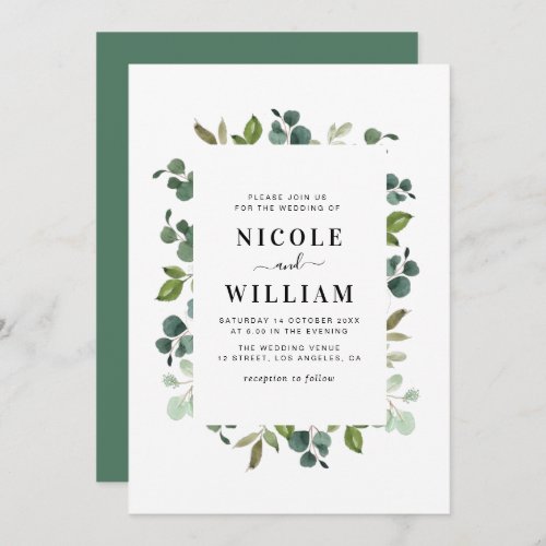 modern frame greenery wedding invitation