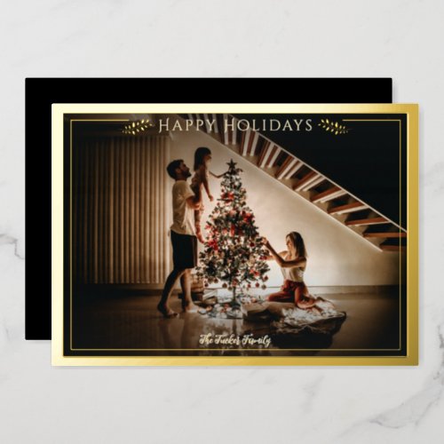 Modern Frame Happy Holidays Photo Black Gold Foil Holiday Card