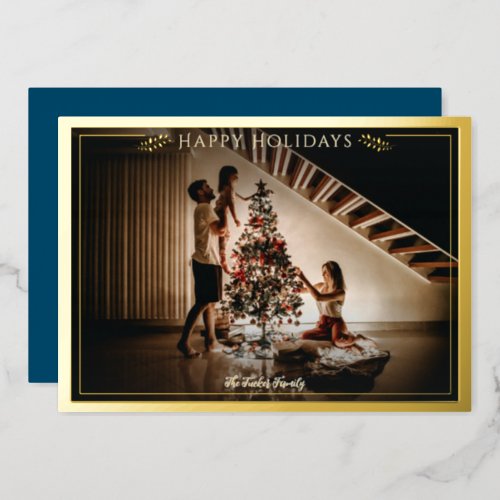 Modern Frame Happy Holidays Photo Dark Blue Gold Foil Holiday Card
