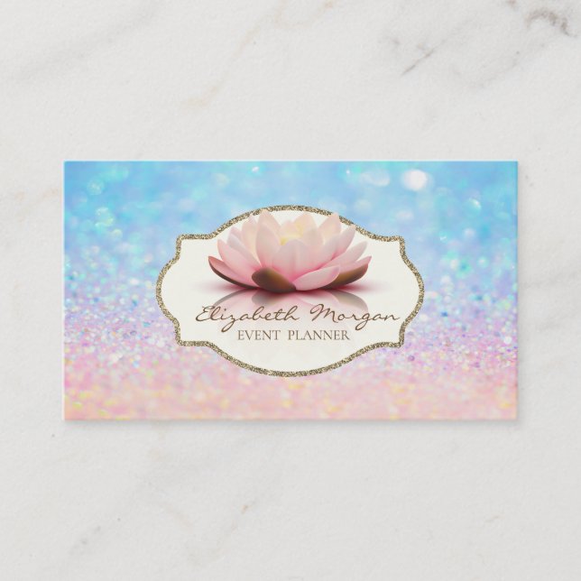 Modern Frame Lotus Flower Glitter Bokeh Ombre Business Card (Front)