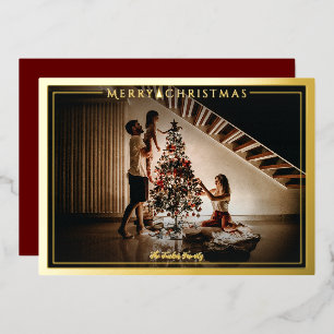 Modern Frame Merry Christmas Photo Red Gold Foil Holiday Card