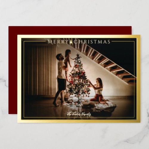 Modern Frame Merry Christmas Photo Red Gold Foil Holiday Card