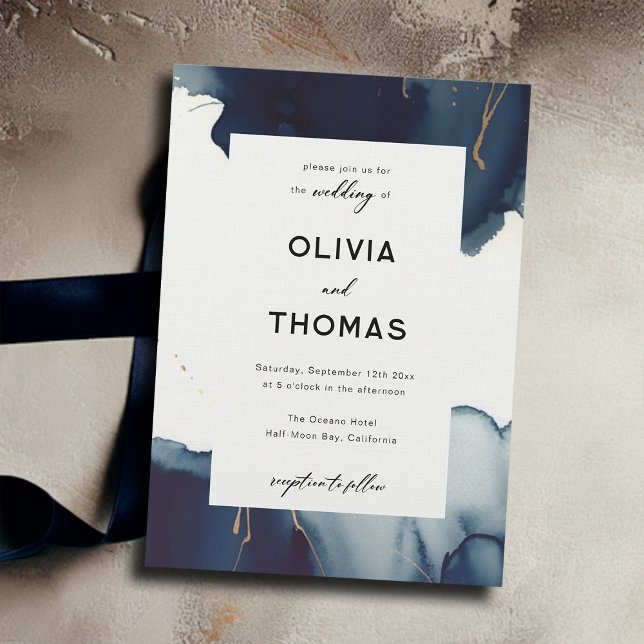 Modern Frame Navy Blue Gold Elegant Beach Wedding Invitation (modern navy wedding invitation watercolor frame elegant minimalist simple calligraphy romantic boho)