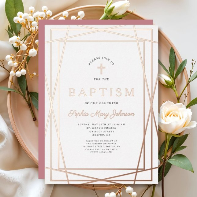 Modern Frame Pink Girl Baptism Rose Gold Foil Invitation (Modern Frame Pink Girl Baptism Rose Gold Foil Invitation)