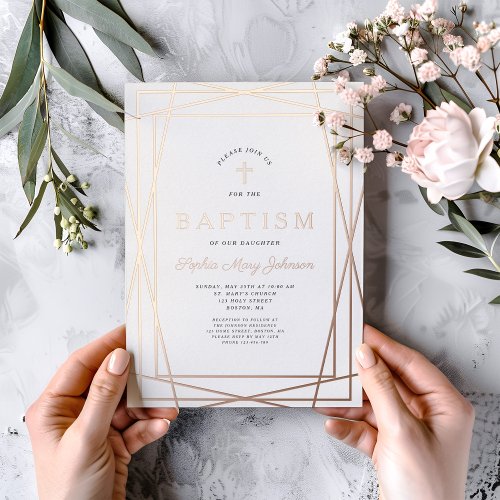 Modern Frame Pink Girl Baptism Rose Gold Foil Invitation