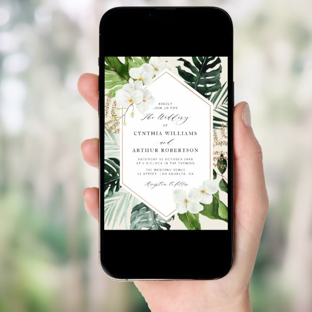 modern frame tropical palm leaves floral wedding invitation (Front Digital)