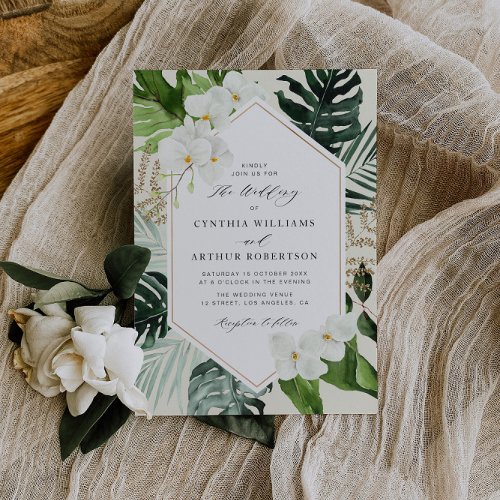 modern frame tropical palm leaves floral wedding invitation