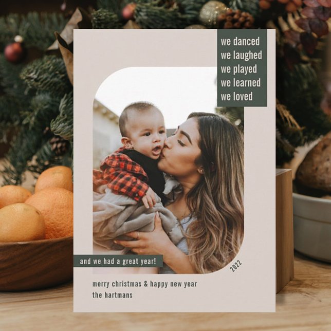 Modern Frame Year Review 1 Photo Christmas Tan Holiday Card (Creator Uploaded)