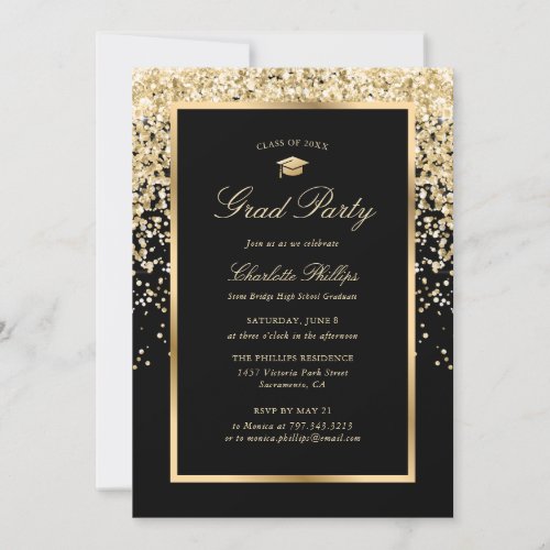 Modern Framed Black Gold Photo Graduation Party Invitation