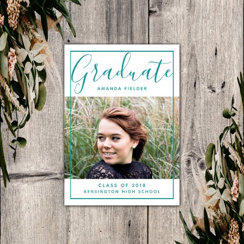 Modern Framed Graduation Photo  Teal Invitation