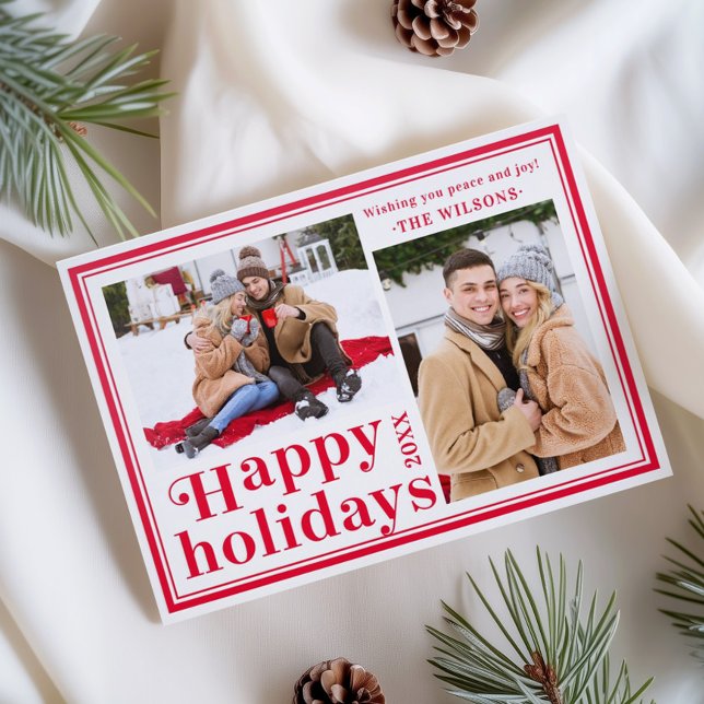 Modern Framed Happy Holidays Two Photo Letterpress Photo Cards (Creator Uploaded)
