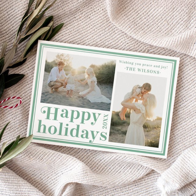 Modern Framed Happy Holidays Two Photo Letterpress Photo Cards (Creator Uploaded)