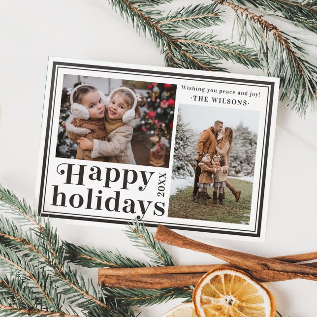 Modern Framed Happy Holidays Two Photo Letterpress Photo Cards (Creator Uploaded)