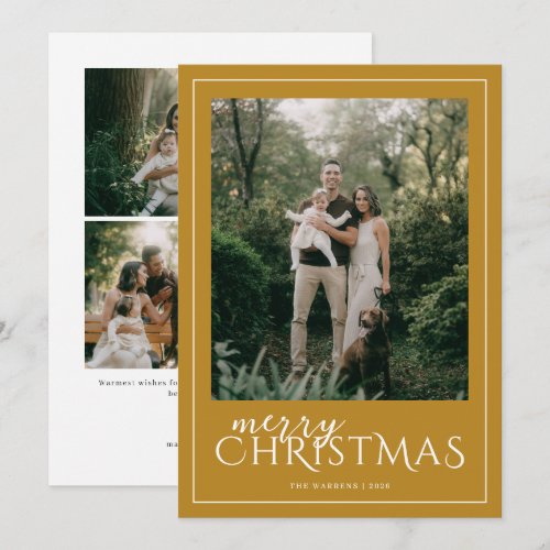 Modern Framed Merry Christmas Photo Collage Yellow Holiday Card