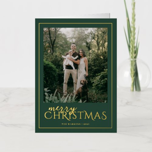 Modern Framed Merry Christmas Photo Green Foil Holiday Card