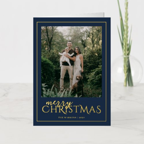 Modern Framed Merry Christmas Photo Navy Foil Holiday Card