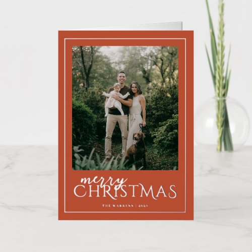 Modern Framed Merry Christmas Photo Persimmon Foil Holiday Card