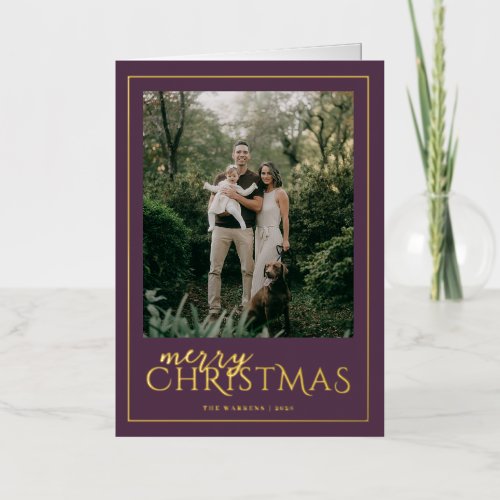 Modern Framed Merry Christmas Photo Plum Foil Holiday Card