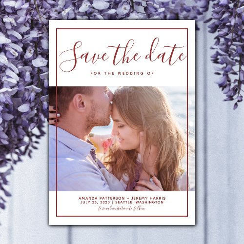 Modern Framed Photo Save the Date  Burgundy