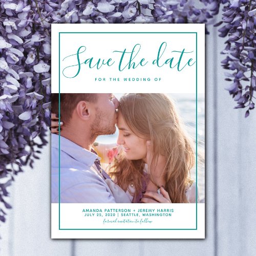 Modern Framed Photo Save the Date Invite  Teal