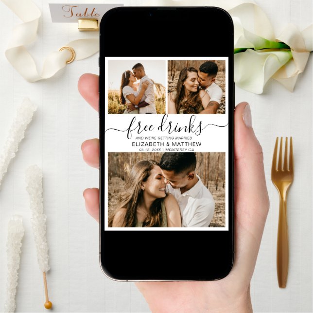 Modern Free Drinks Script Photo Collage Wedding Save The Date (Front Digital)