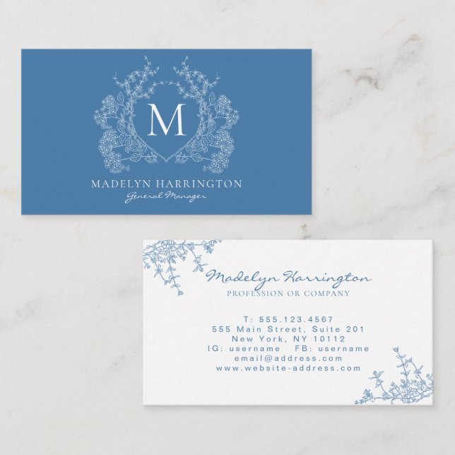 Modern French Blue Floral Crest Monogram Business Card (Front/Back)