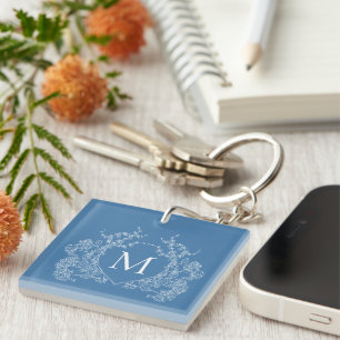 Modern French Blue Floral Crest Monogram Keychain