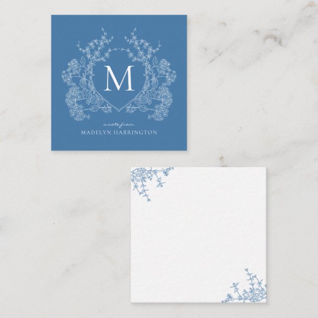 Modern French Blue Floral Crest Monogram Note Card (Front/Back)