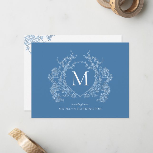 Modern French Blue Floral Crest Monogram Note Card (Front/Back In Situ)