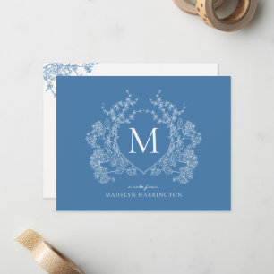 Modern French Blue Floral Crest Monogram Note Card