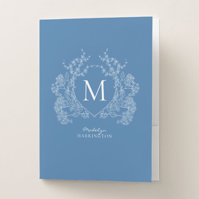 Modern French Blue Floral Crest Monogram Pocket Folder (Front)