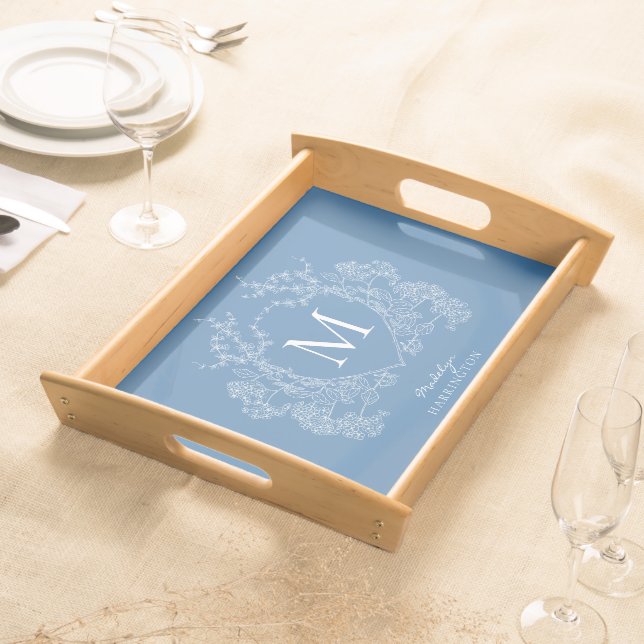 Modern French Blue Floral Crest Monogram Serving Tray (Front)