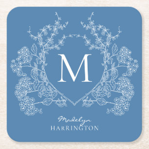Modern French Blue Floral Crest Monogram Square Paper Coaster