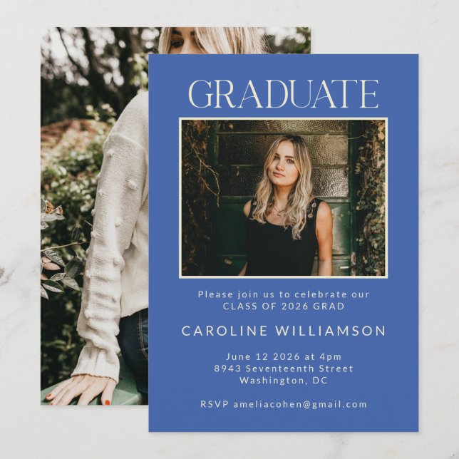 Modern French Blue Two Photo Graduation Party Invitation (Front/Back)