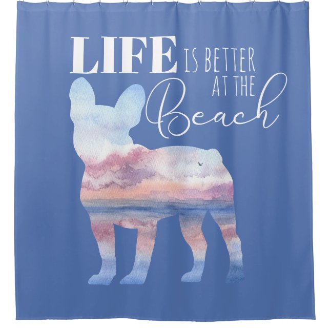 Modern Frenchie Beach Scene Pink and Blue Shower Curtain (Front)