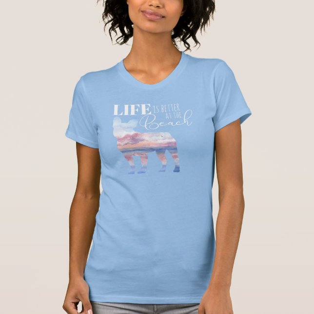 Modern Frenchie Beach Scene Pink and Blue T-Shirt (Front)