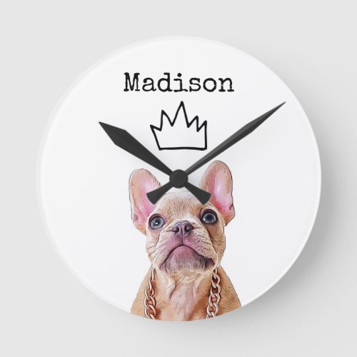 Modern Frenchie Dog Art with Crown Round Clock