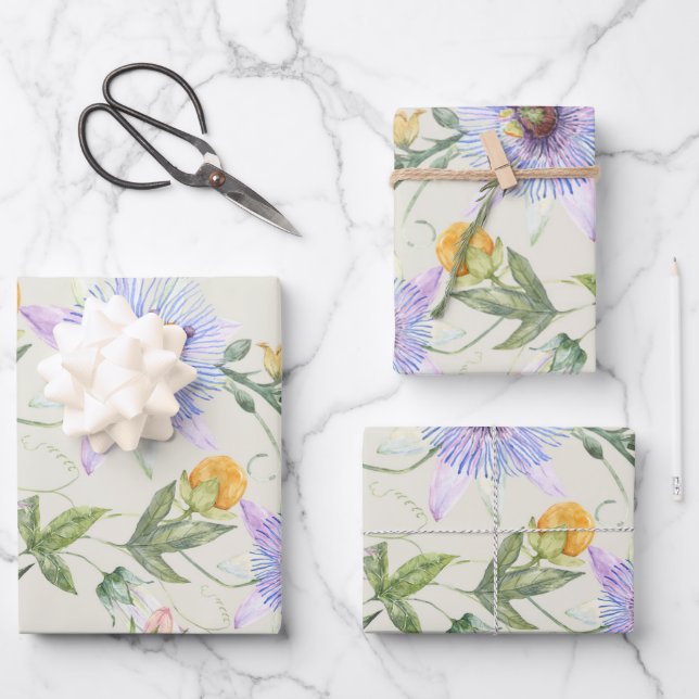 Modern Fresh Leafy Lilac Floral Pattern Wrapping Paper Sheets (Front)