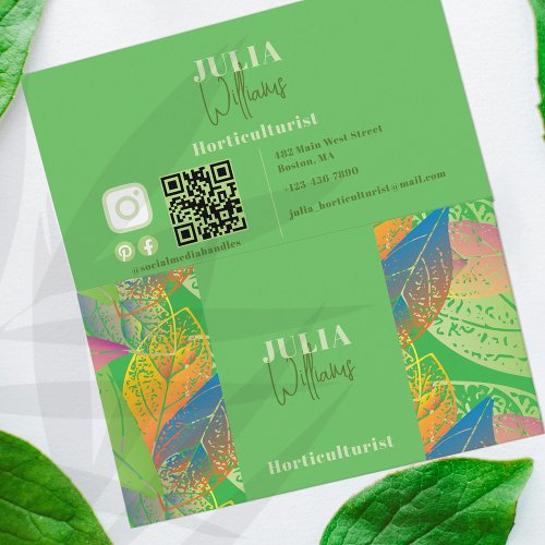 Modern Fresh Leaves on Green Horticulturist Business Card