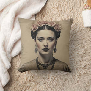 Modern Frida Chic – Dark Academia Bloom Throw Pillow