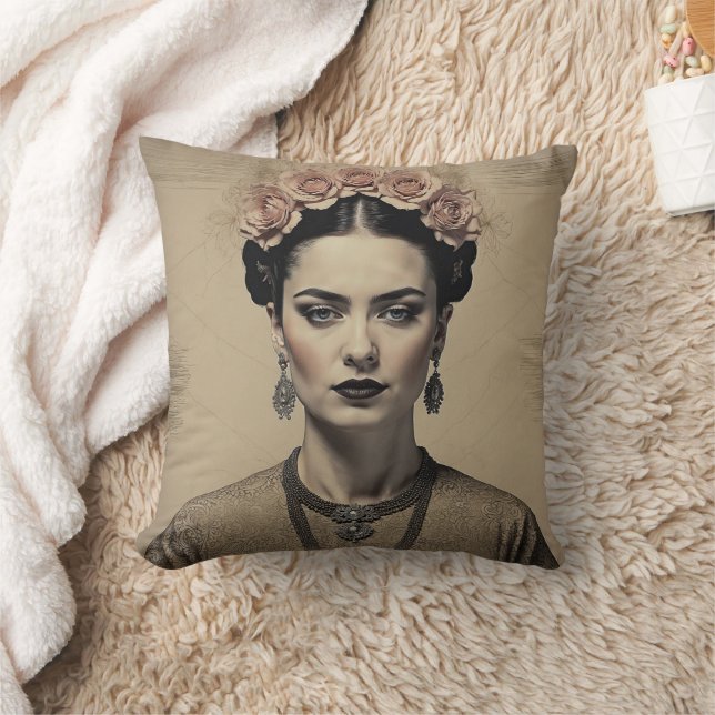 Modern Frida Chic – Dark Academia Bloom Throw Pillow (Blanket)