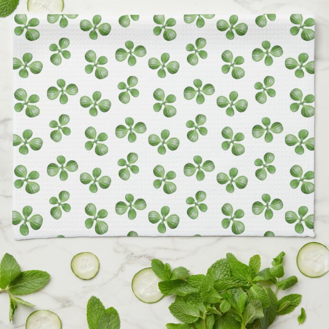 Modern Friendly Green Succulent Leaves on White Kitchen Towel (Folded)