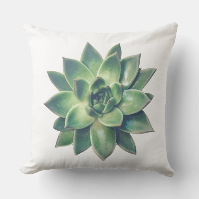 Modern Friendly Green Succulent Plant  on White Throw Pillow (Front)