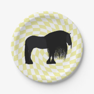 Modern Friesian Horse Illustration Checkered Paper Plates