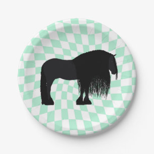 Modern Friesian Horse Illustration Checkered Paper Plates