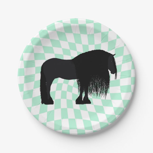 Modern Friesian Horse Illustration Checkered  Paper Plates (Front)